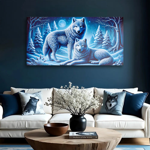 3D Wolves Wall Art II wall canvas featuring two white wolves in a winter forest scene