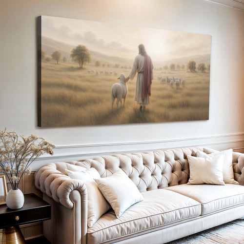 Landscape canvas wall art featuring a woman and sheep walking through a grassy countryside field