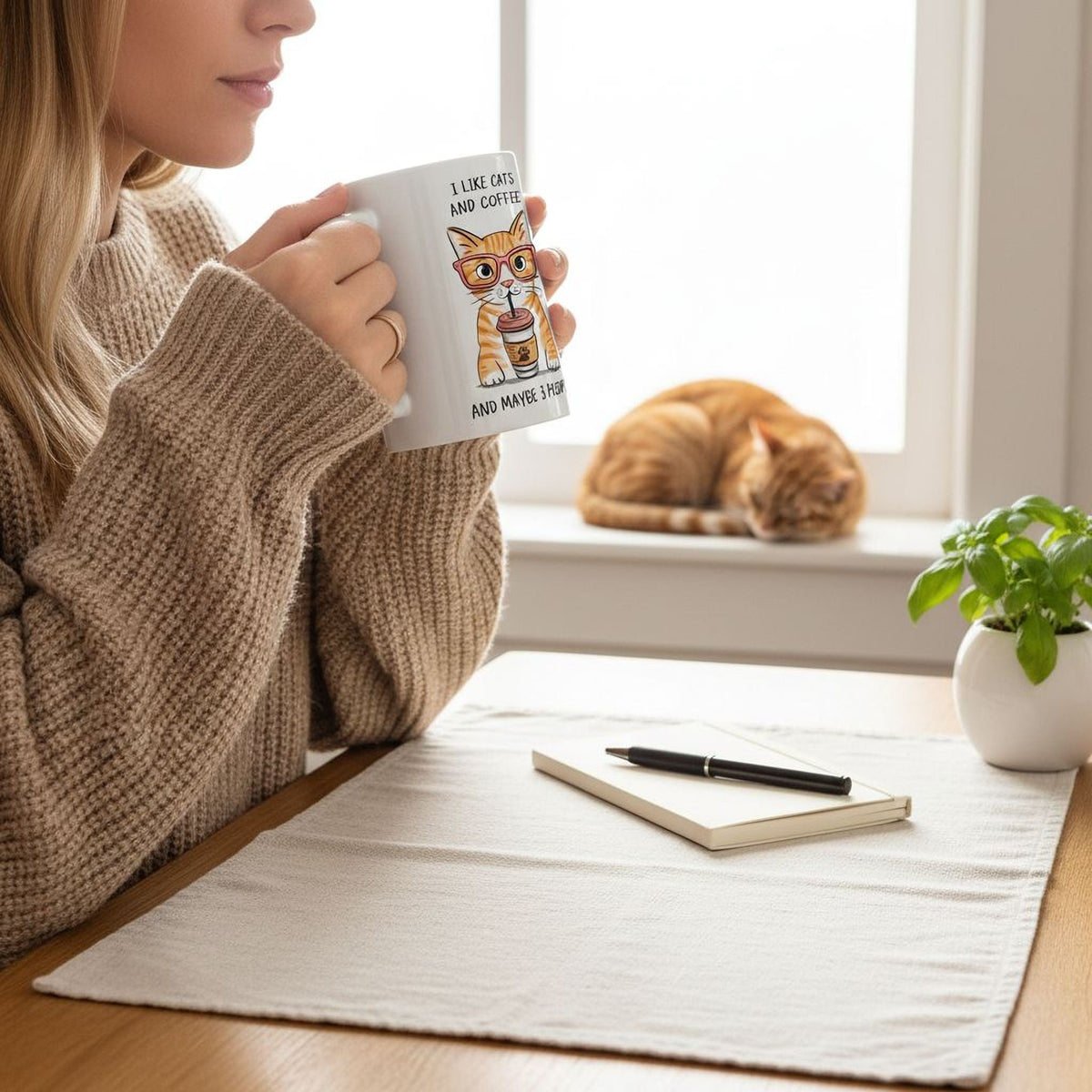 Person holding white ceramic mug with orange tabby cat coffee quote; pet nearby