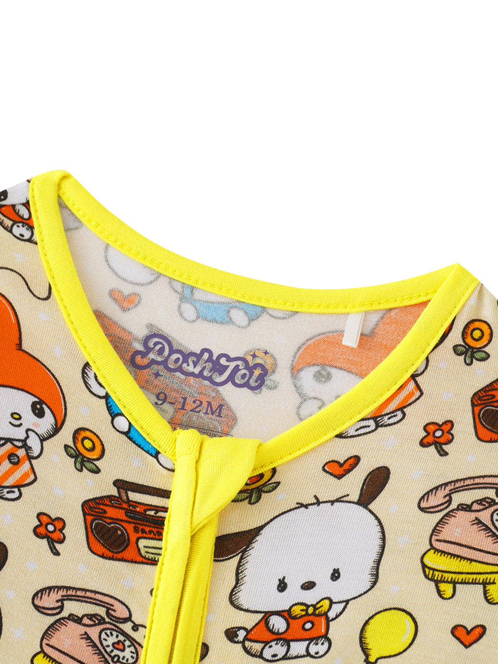 Baby romper neckline with yellow 2-way zipper placket; PoshTOT label and character print