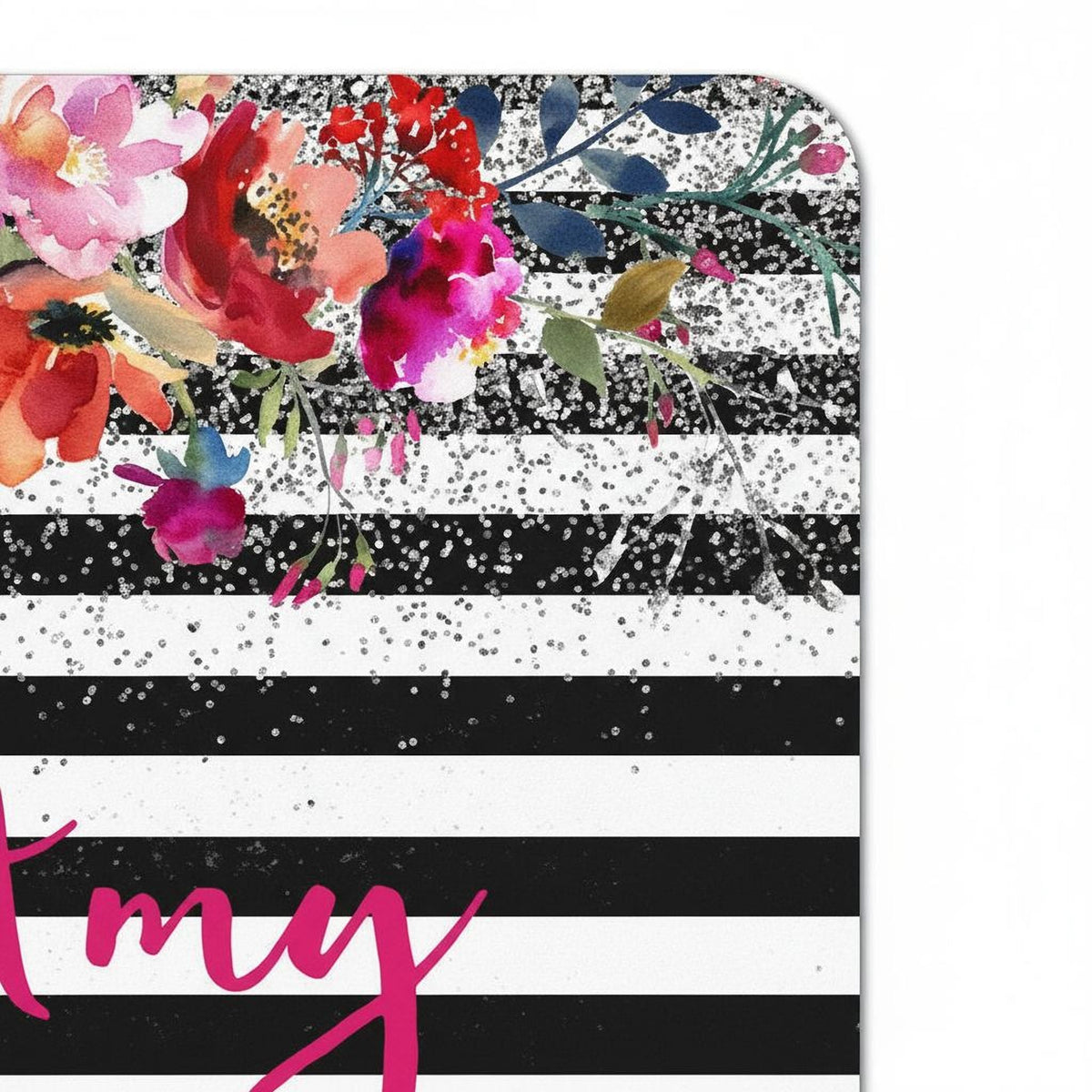 Close floral striped mouse pad with pink “Amy” script, black-and-white bands