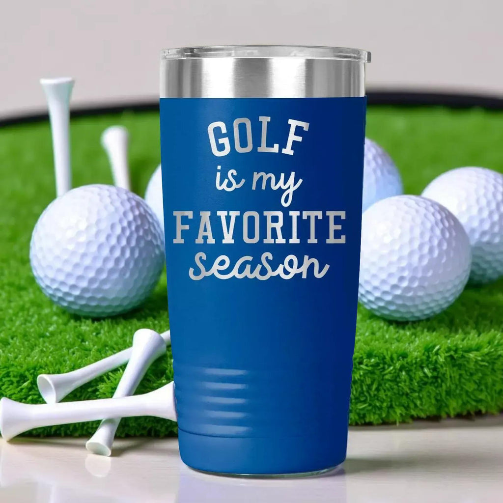 Insulated travel tumbler, blue stainless steel with 'GOLF is my favorite season' text