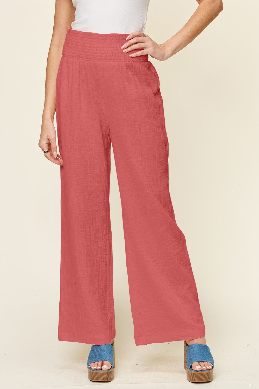Textured Smocked Waist Wide Leg Pants