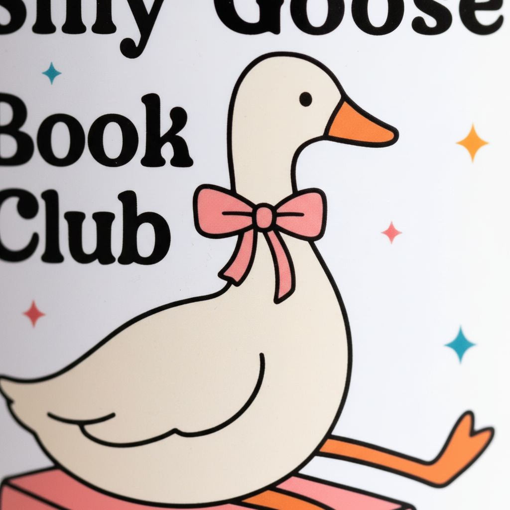 White mug graphic close-up: cartoon goose with bow over stacked colorful books.