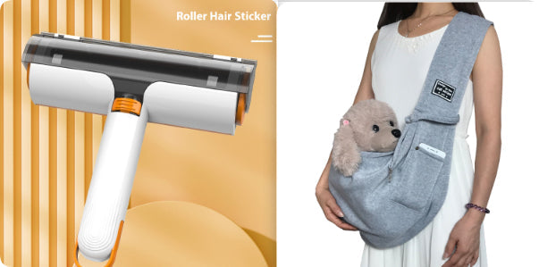 Pet hair removal roller brush with orange handle and gray roller head
