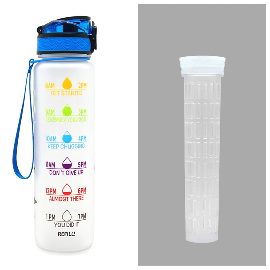 1L time-marker water bottle in white with colorful motivational schedule and carry strap