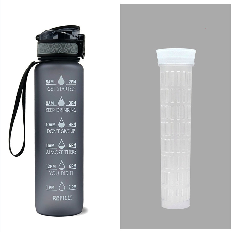 1L time-marker water bottle in dark gray/black with motivational schedule and carry strap