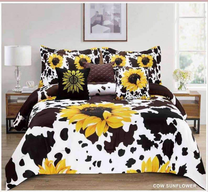King size comforter set with black-and-white cowprint and yellow sunflower pillows