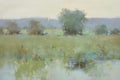 Original oil painting of a tree-lined landscape with soft sky and water reflection