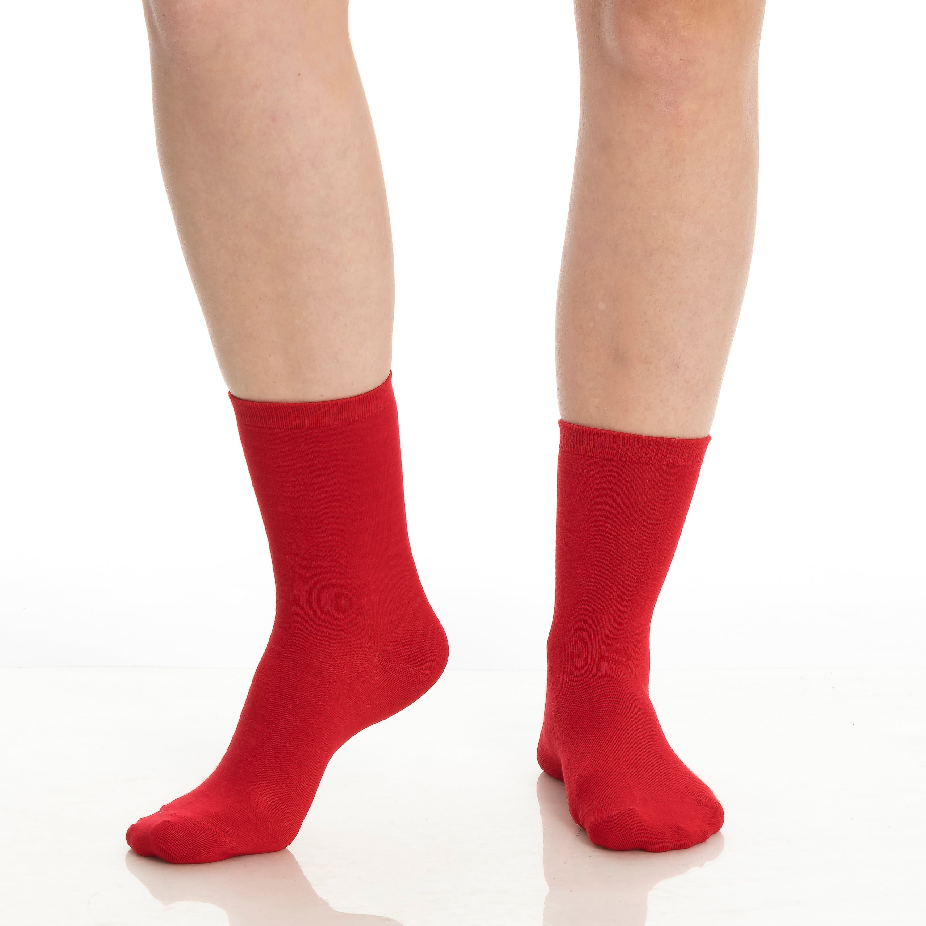 Women’s bamboo crew socks in red, pair view with ribbed crew cuff