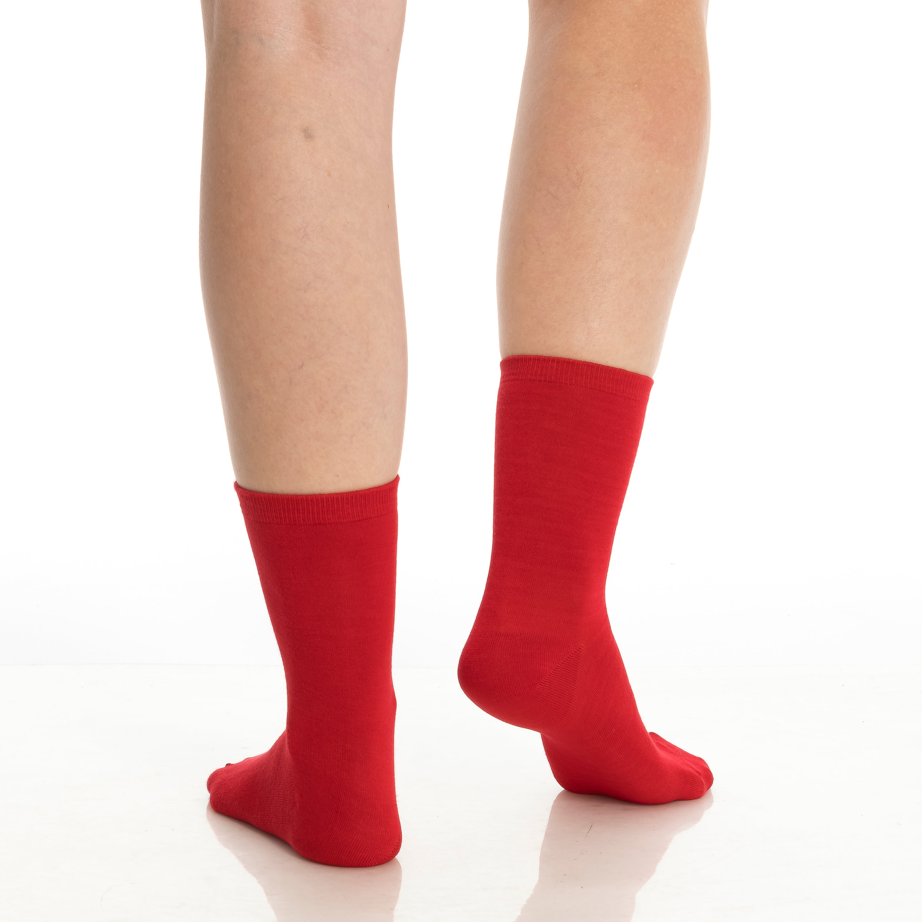 Women’s bamboo crew socks in red, two-sock view with ribbed crew cuff