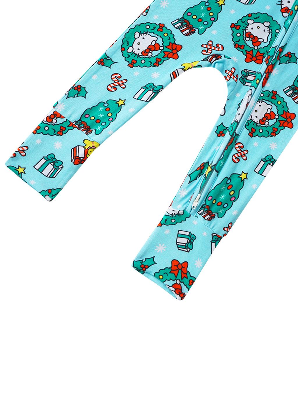 Baby convertible romper legs folded flat, light blue with festive Hello Kitty wreath print