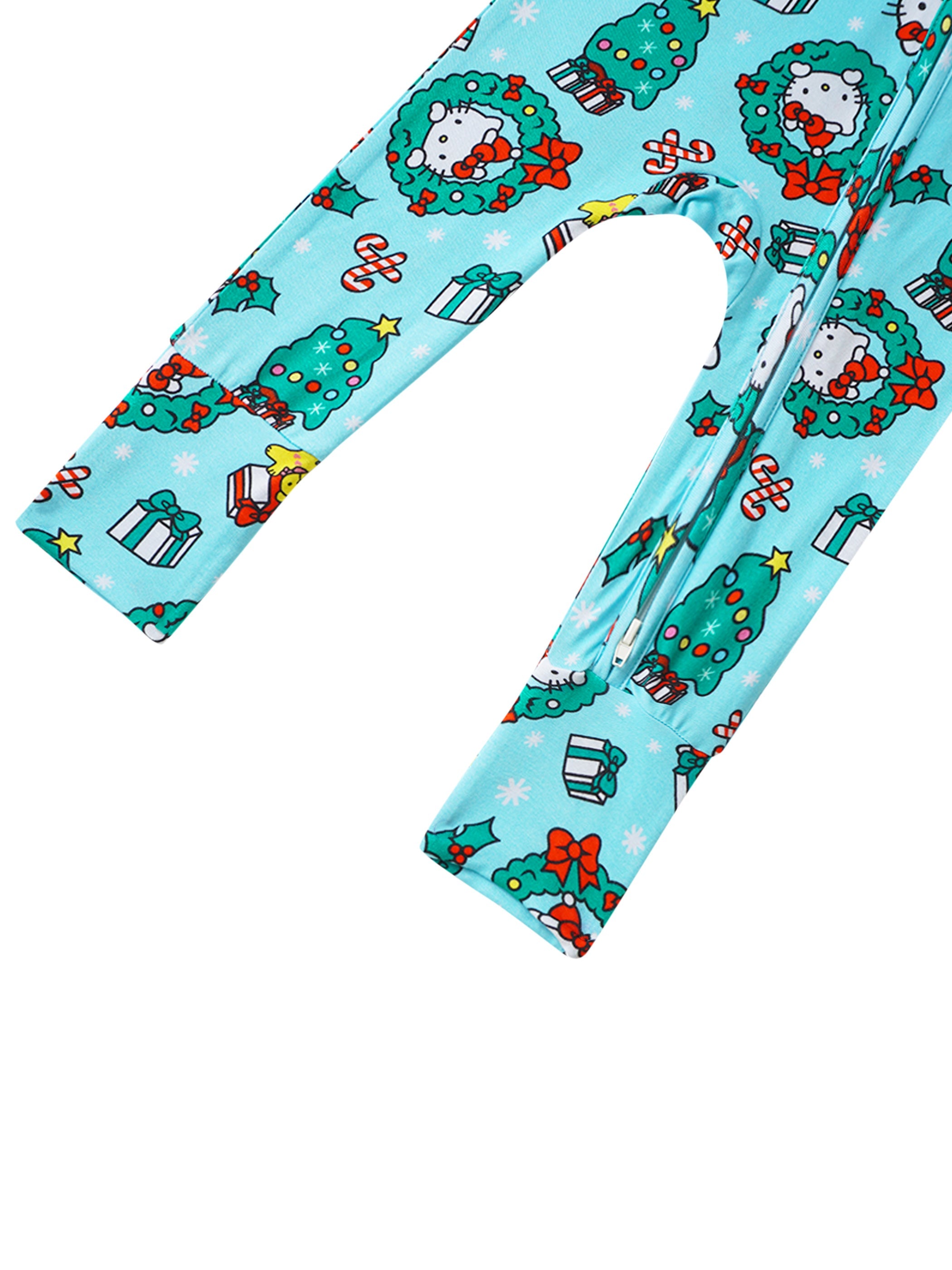 Baby convertible romper legs folded flat, light blue with festive Hello Kitty wreath print