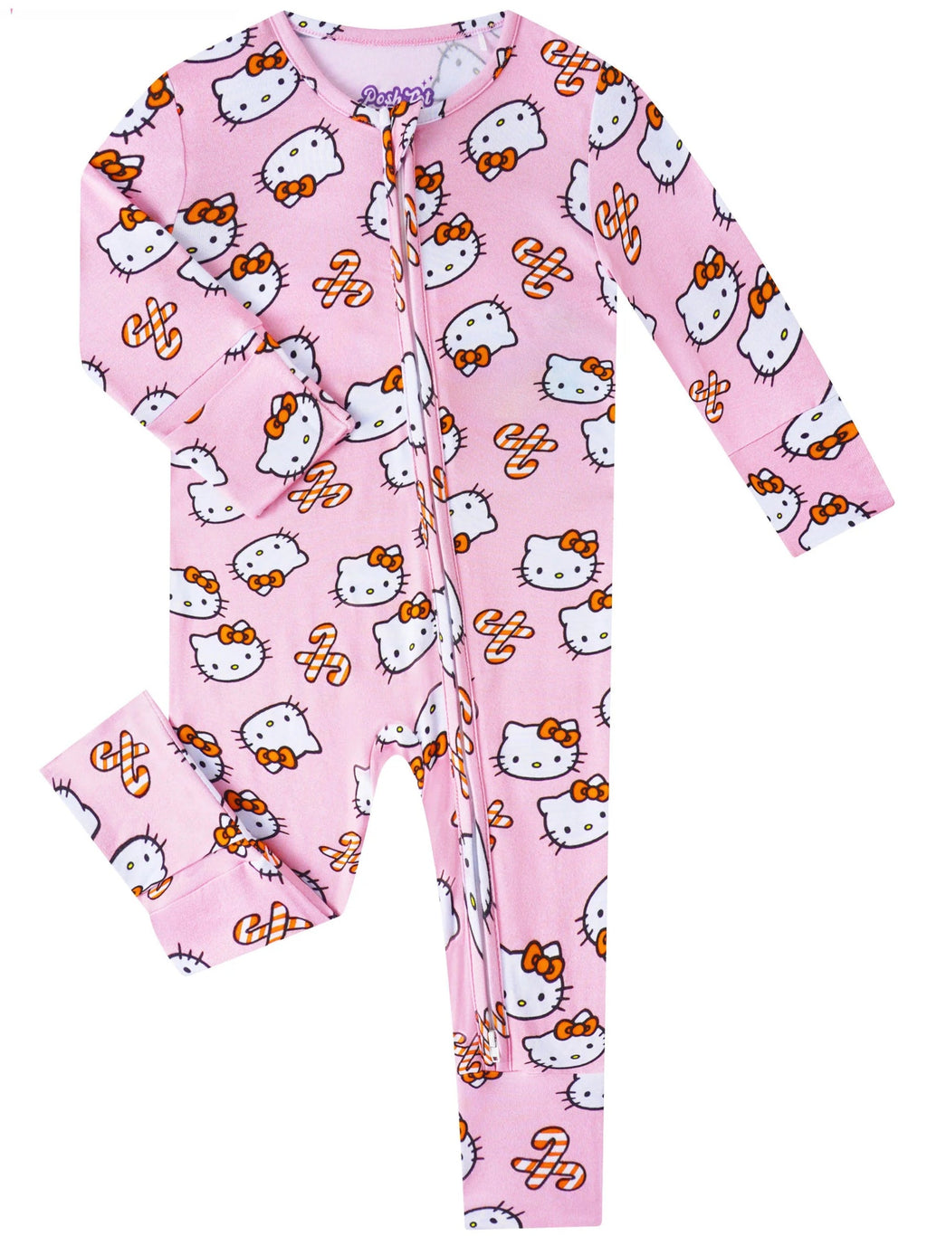 Pink baby romper with allover Hello Kitty print and full-length front zipper, long sleeves