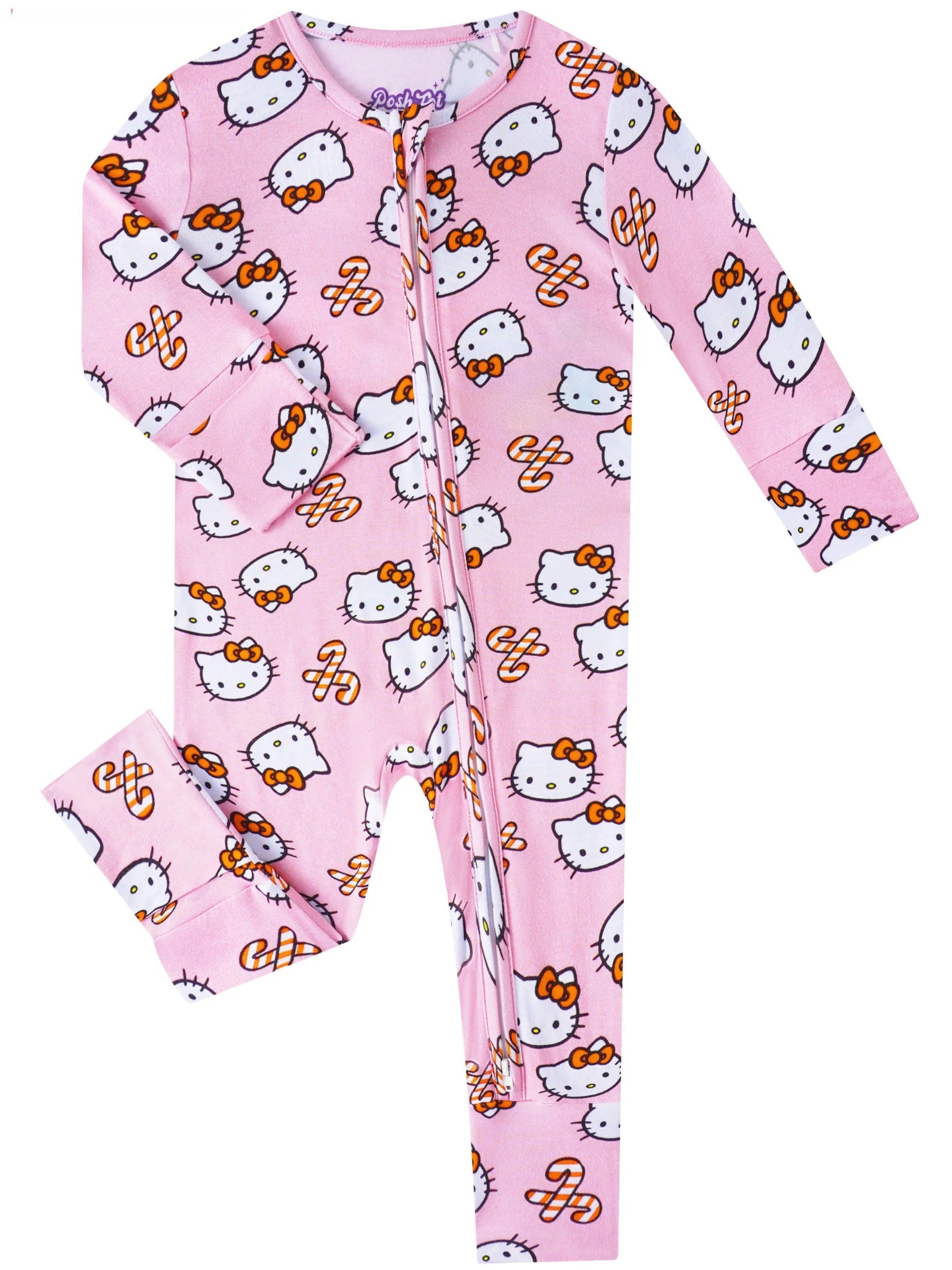 Pink baby romper with allover Hello Kitty print and full-length front zipper, long sleeves