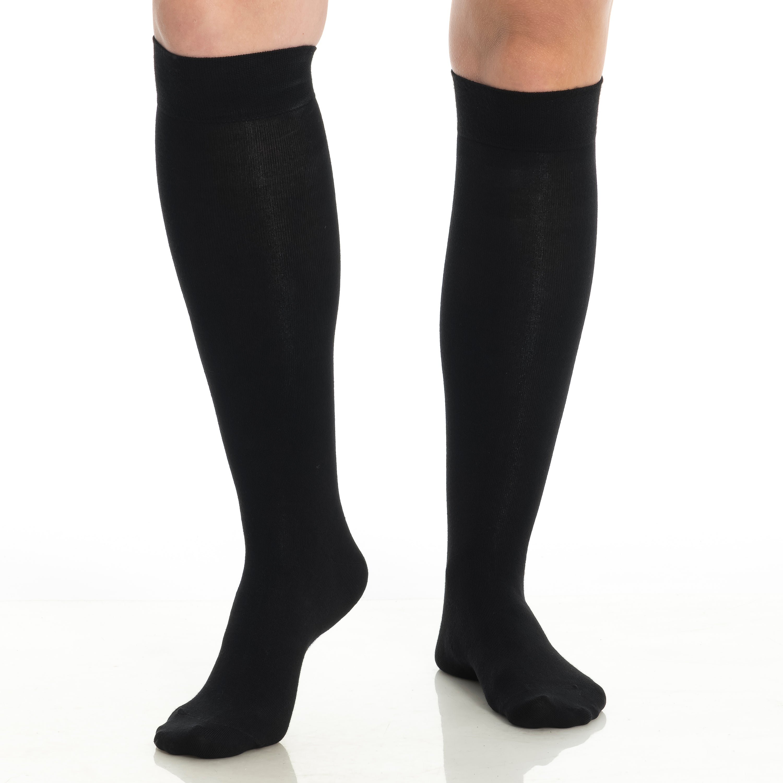 Pair of black knee-high socks, ribbed cuff and footbed visible
