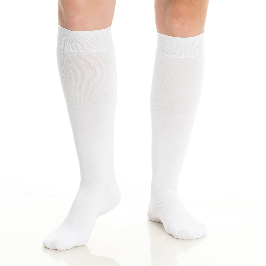 Pair of white knee-high socks, ribbed cuff and toe area visible