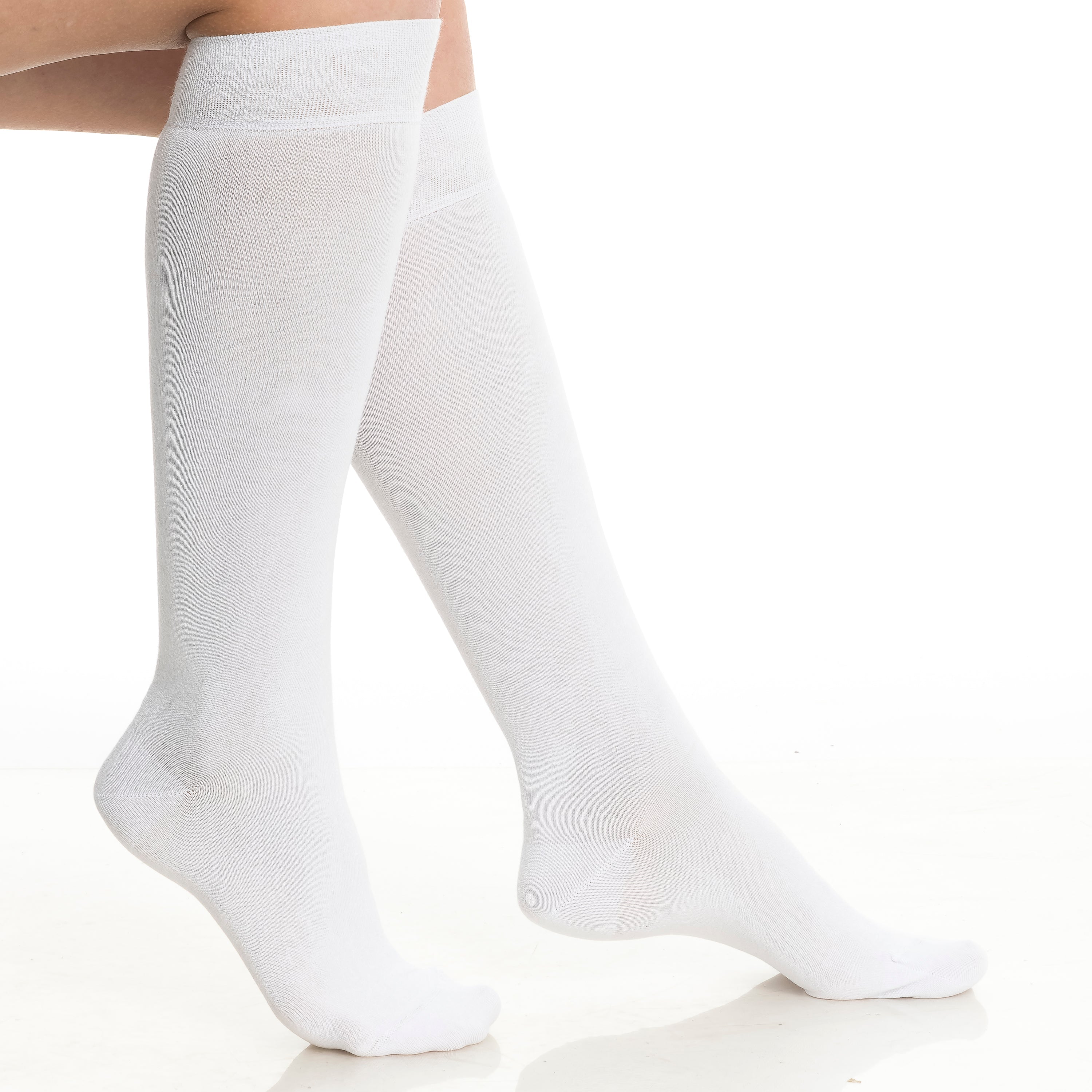 White knee-high socks, close-up of legs and full sock length