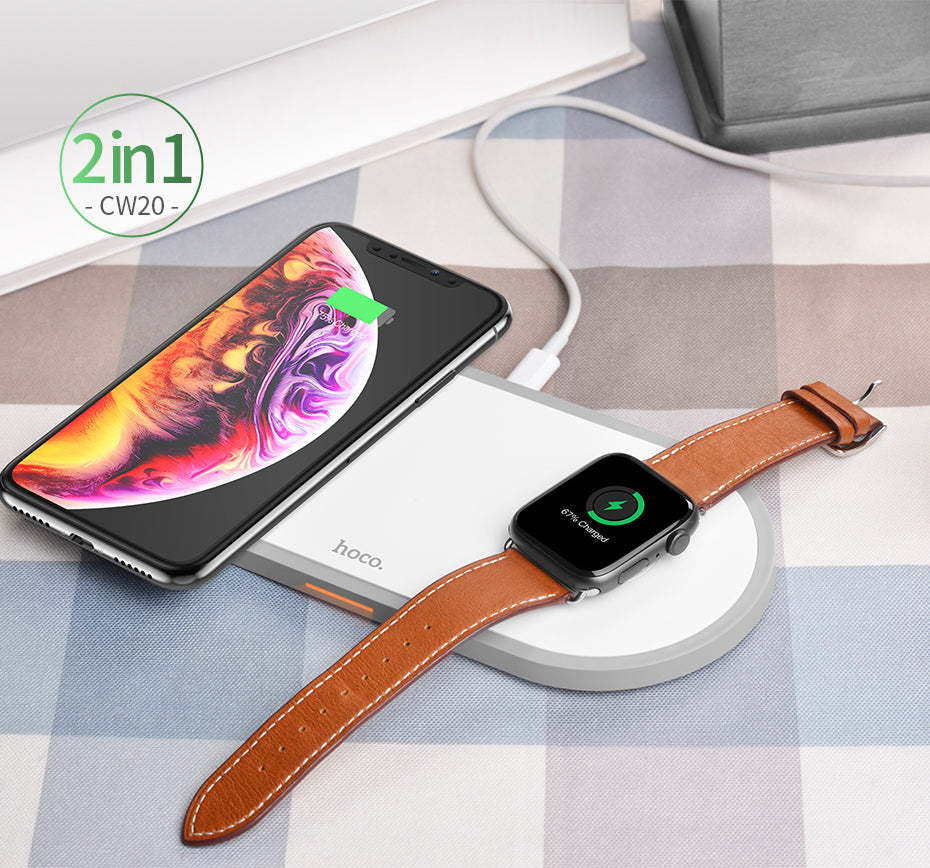White 3-in-1 wireless charger with phone pad and watch dock with brown leather strap