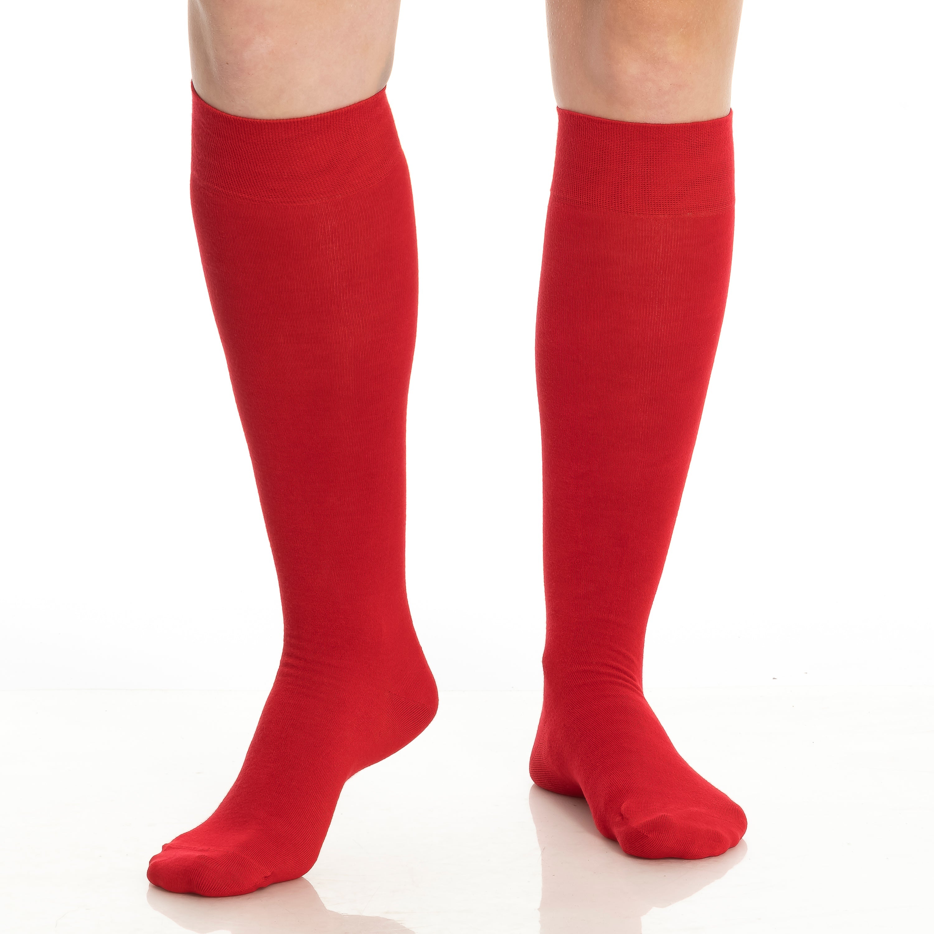 Red knee-high socks, full-length smooth knit with ribbed cuff