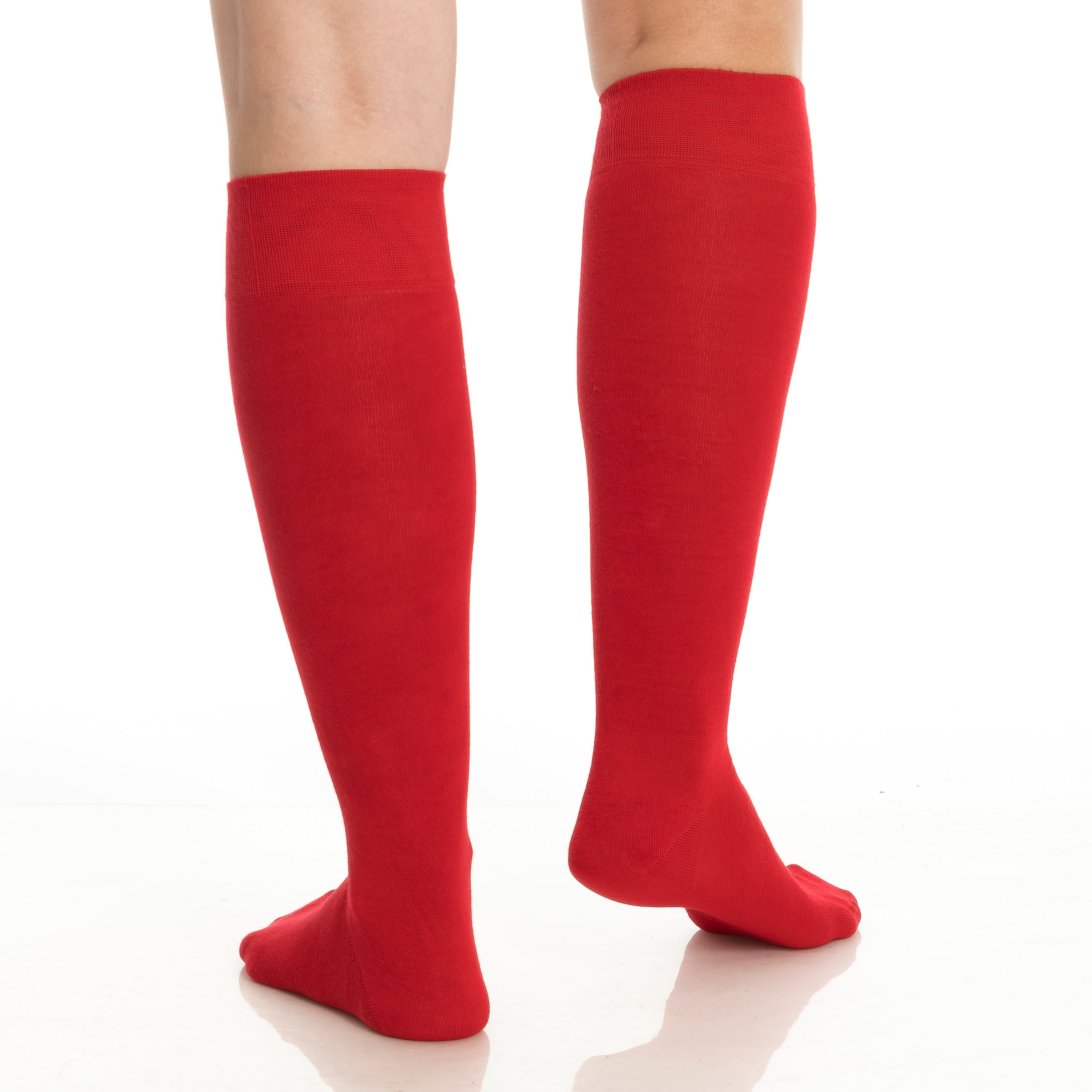 Red knee-high socks worn on legs, ribbed cuff to toe knit