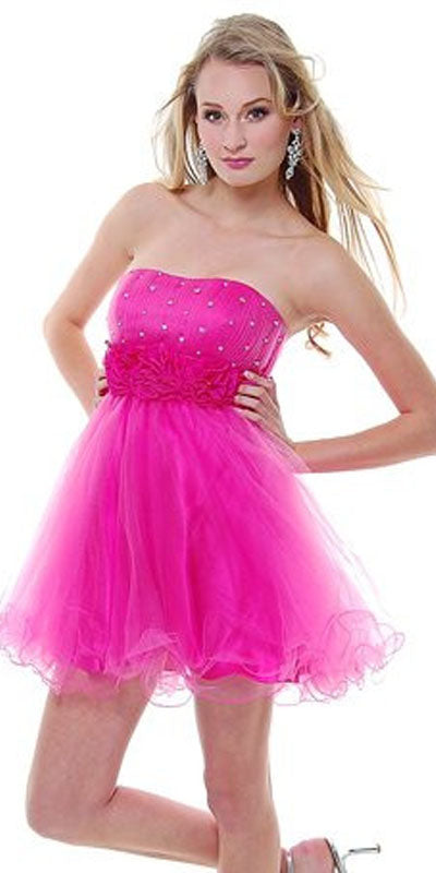 A-line tulle dress, hot pink strapless bodice with sparkle, short flared skirt
