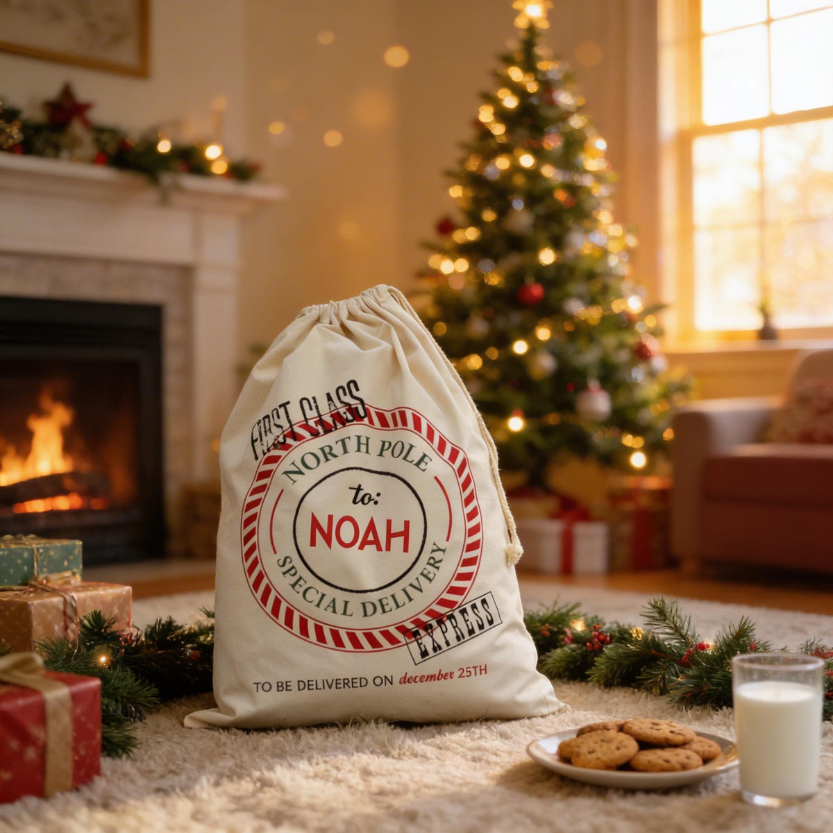 Cream drawstring Santa bag on carpet with North Pole seal and Noah personalization.