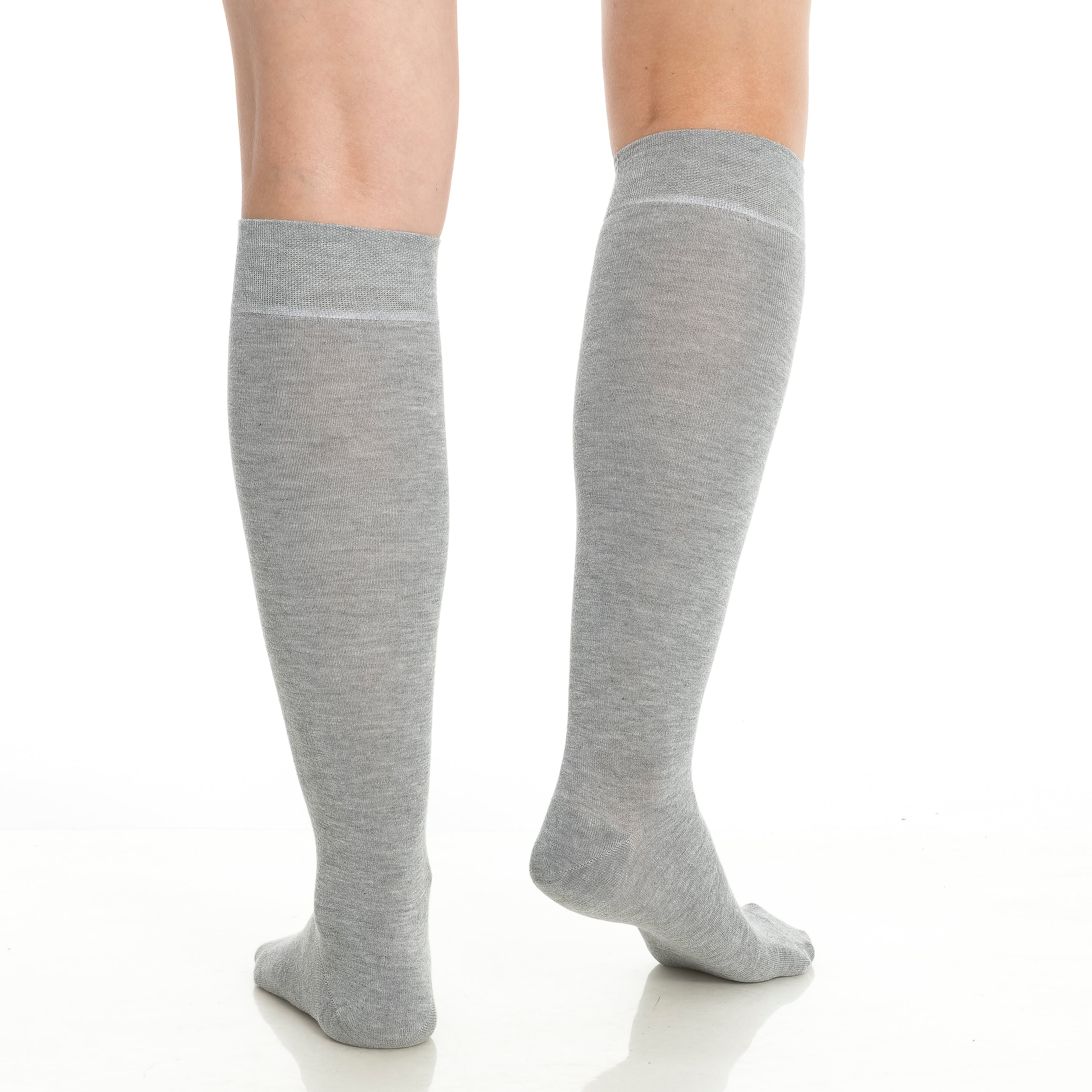 Two pairs of gray knee-high socks worn on legs