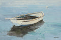 White rowboat oil painting on blue water, side view with reflection.