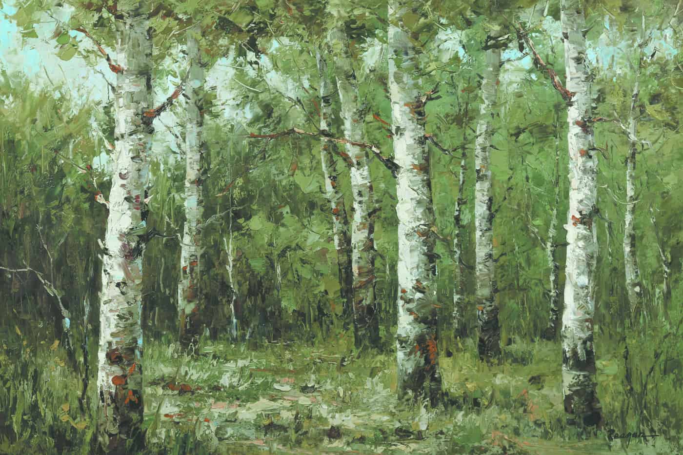 Birch tree oil painting with white trunks and lush green foliage in a forest scene