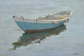 Blue rowboat oil painting with pale hull and water reflection