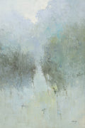 Original oil painting of an abstract modern landscape with pale blue and green tones