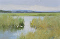 Original oil painting of a marsh with two white egrets in shallow water and tall reeds