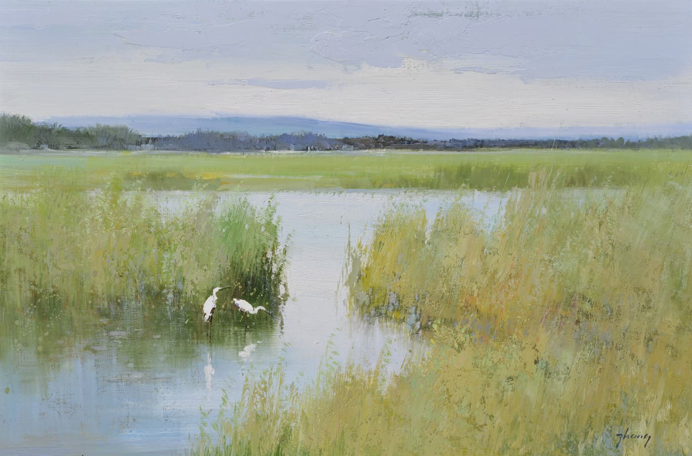 Original oil painting of a marsh with two white egrets in shallow water and tall reeds