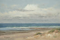 Original oil painting beach seascape with sandy shore, gentle waves, and cloudy sky