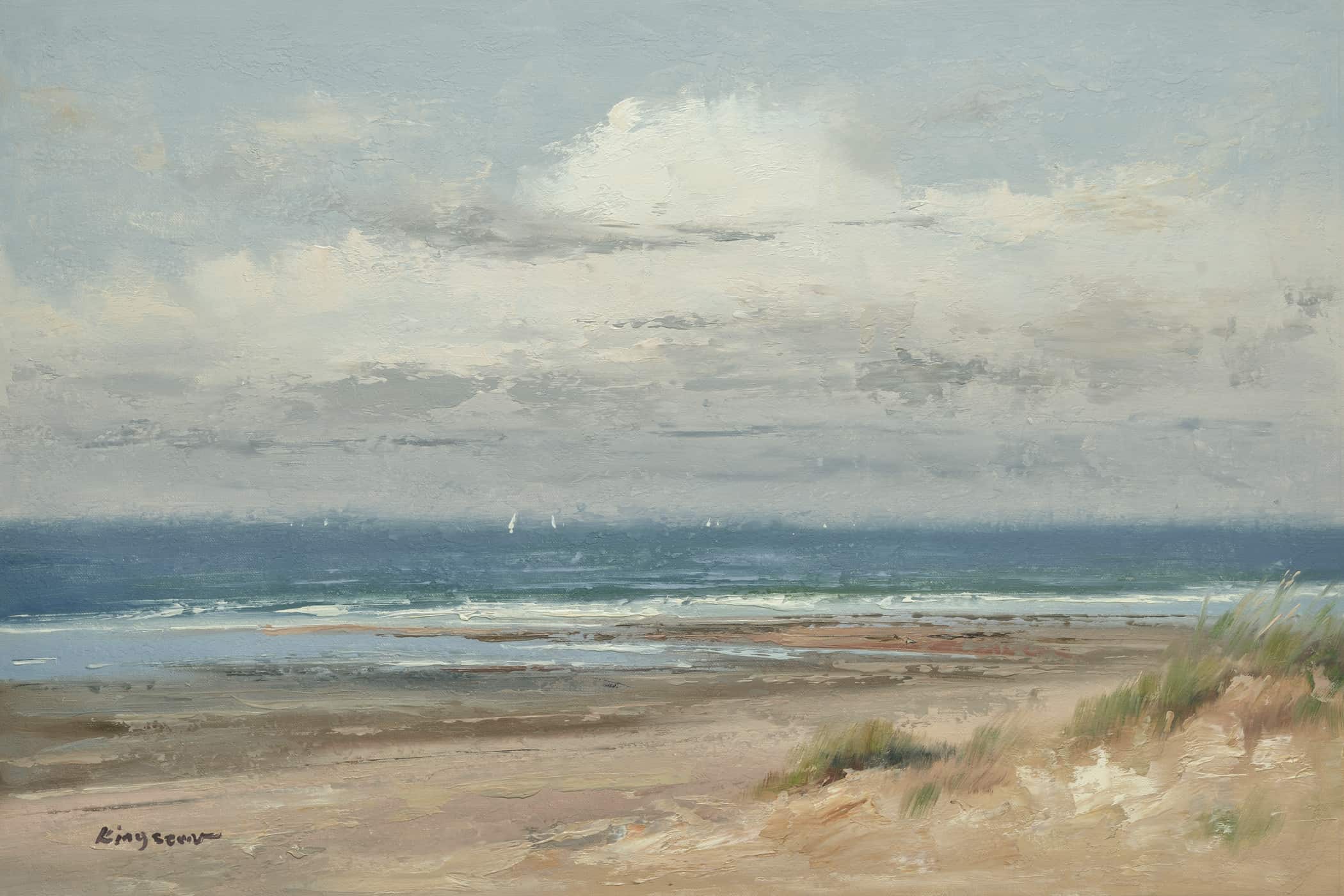 Original oil painting beach seascape with sandy shore, gentle waves, and cloudy sky