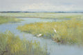 Oil painting of two white egrets standing among green reeds in calm water