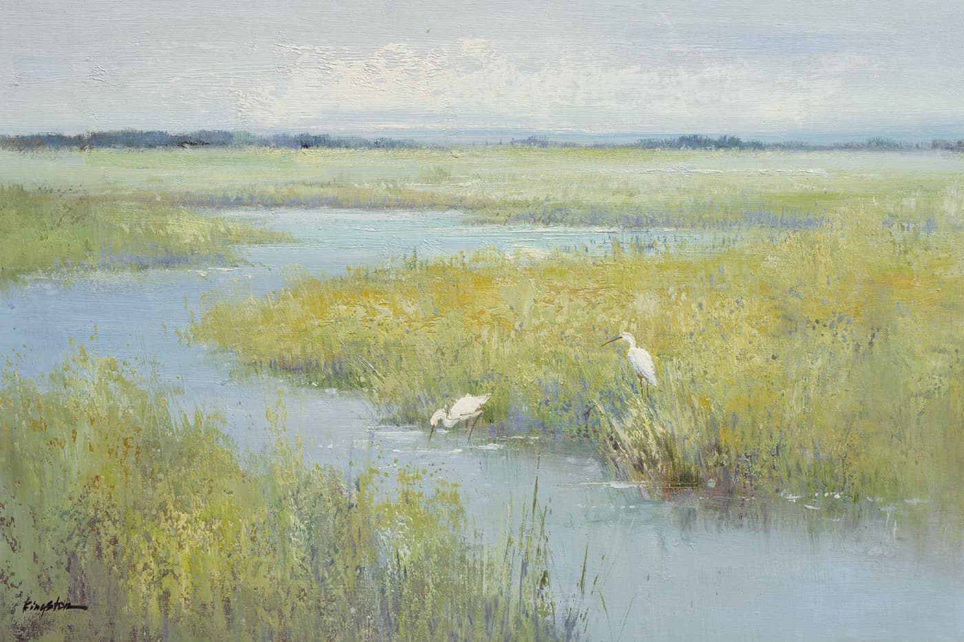 Oil painting of two white egrets standing among green reeds in calm water