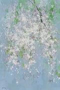 Oil painting of cherry blossoms with pale pink flowers and twisting branches