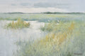 Original oil painting of marsh grasses with pale green foliage and soft blue sky