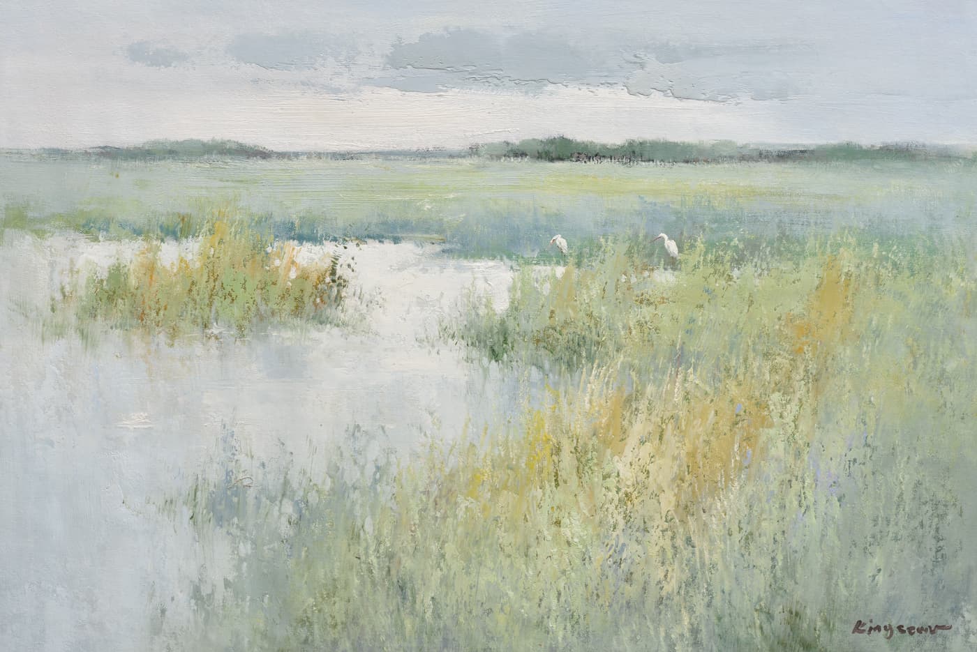 Original oil painting of marsh grasses with pale green foliage and soft blue sky