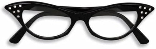 Black cat-eye rhinestone glasses with clear lenses and rhinestone-trimmed temples