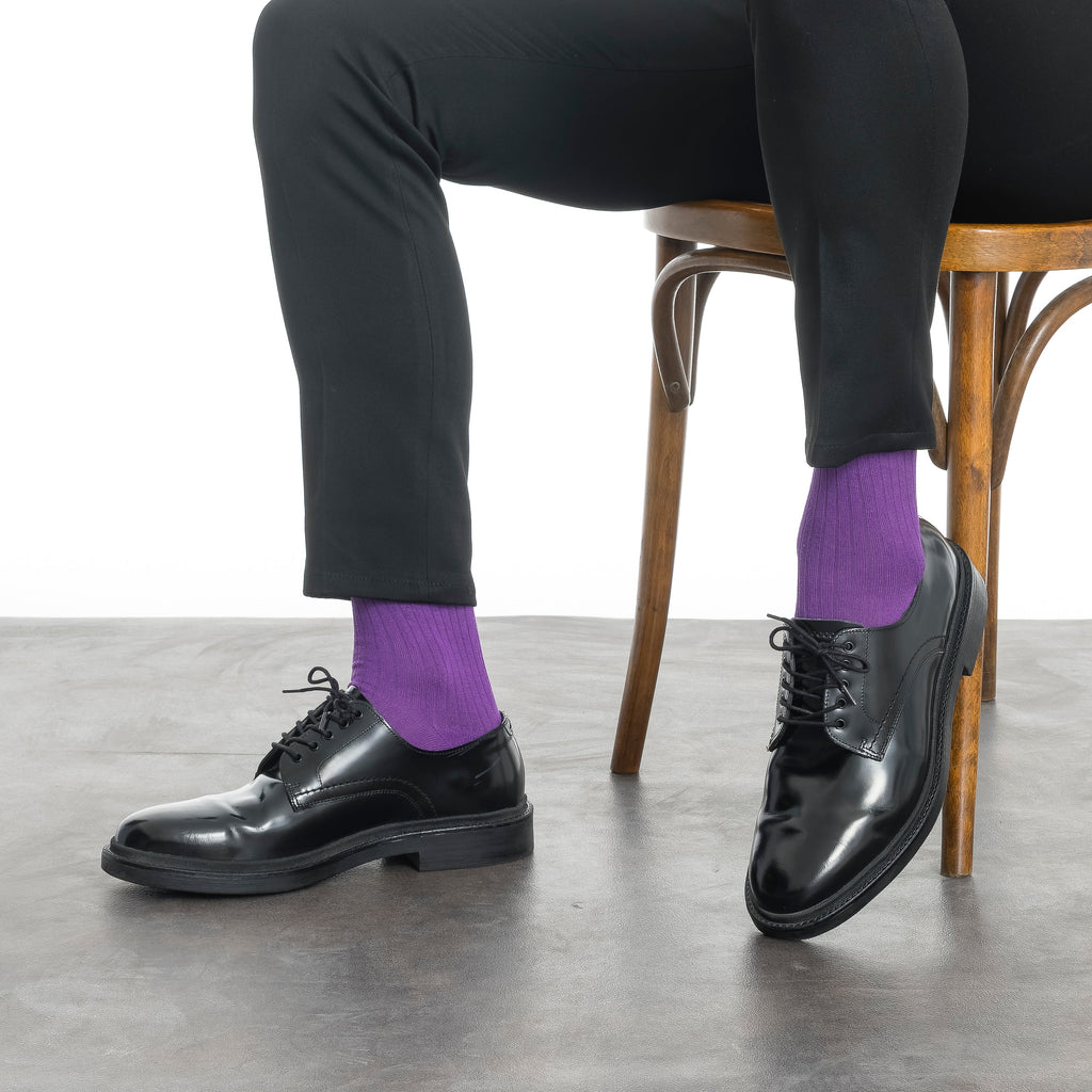 Men's bamboo dress socks, purple crew socks worn with black dress shoes