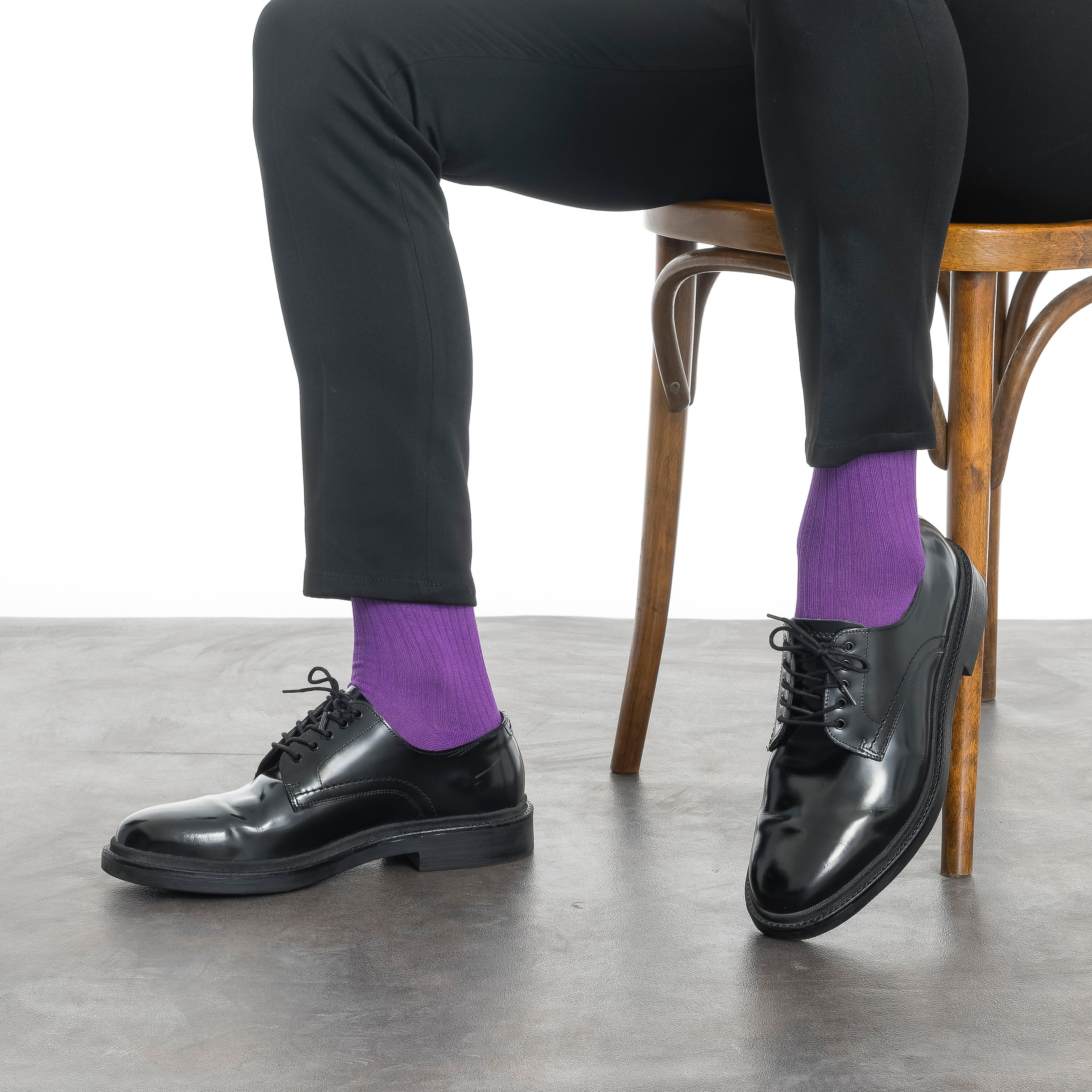 Men's bamboo dress socks, purple crew socks worn with black dress shoes