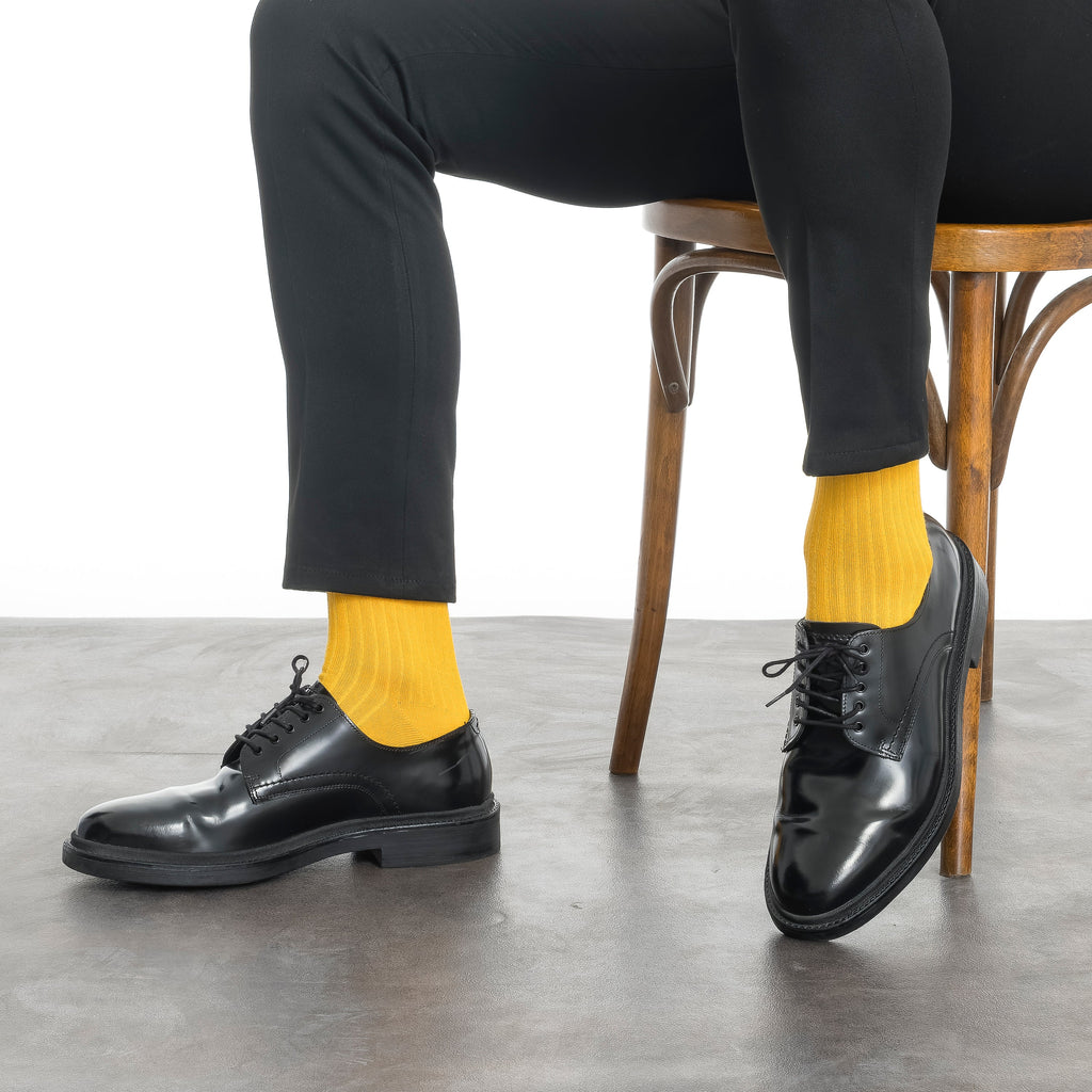 Men's bamboo dress socks, yellow crew socks worn with black dress shoes