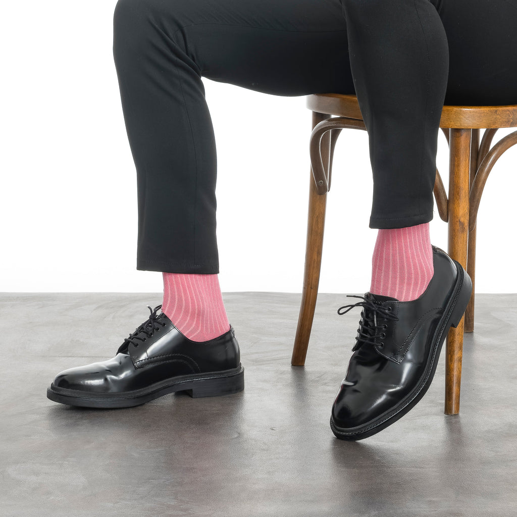 Men's bamboo dress socks, pink crew socks worn with black dress shoes