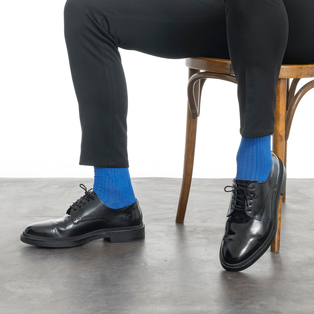 Men's bamboo dress socks, blue crew socks worn with black dress shoes
