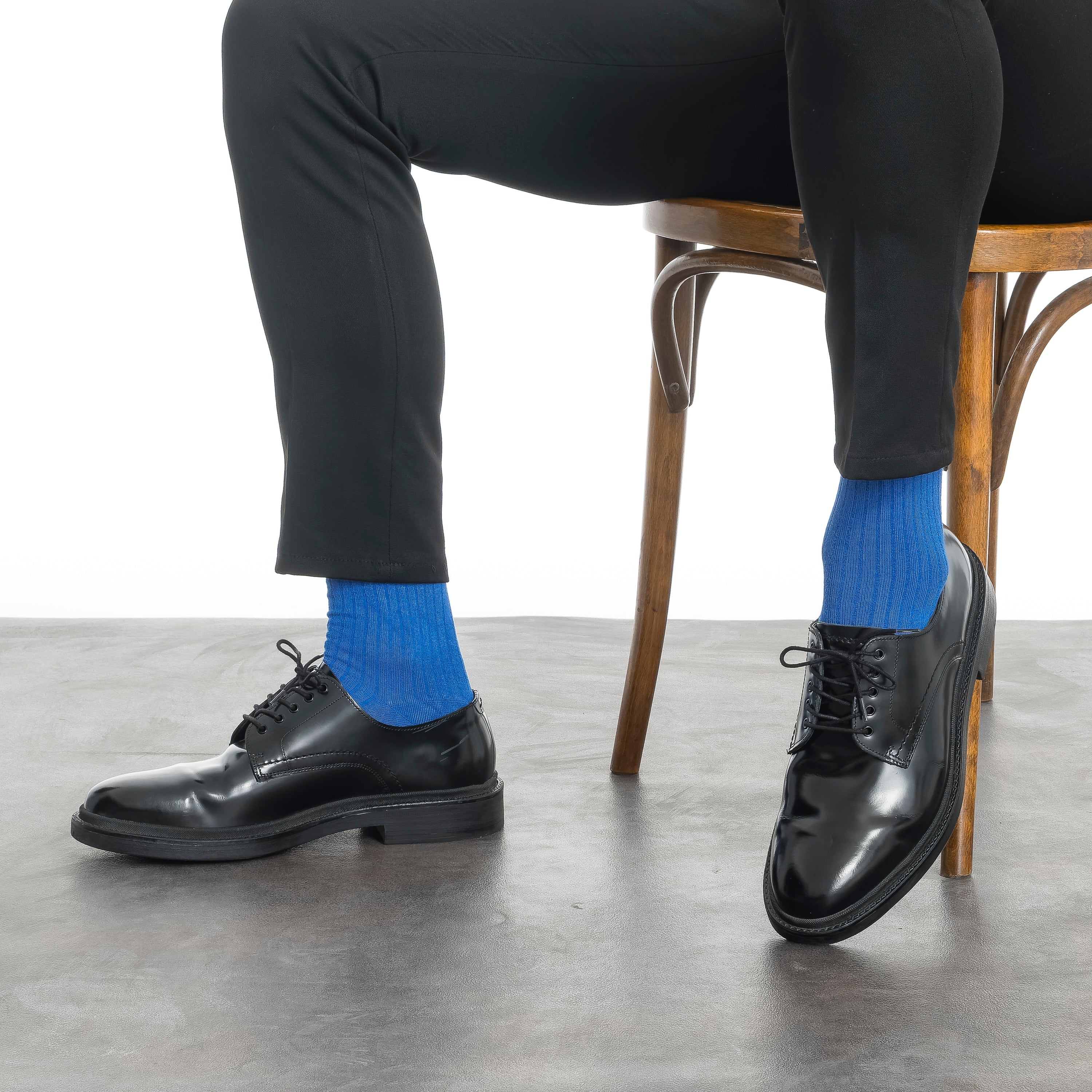 Men's bamboo dress socks, blue crew socks worn with black dress shoes
