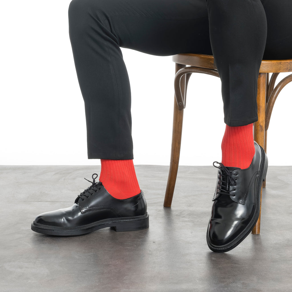 Men's bamboo dress socks, red crew socks worn with black dress shoes