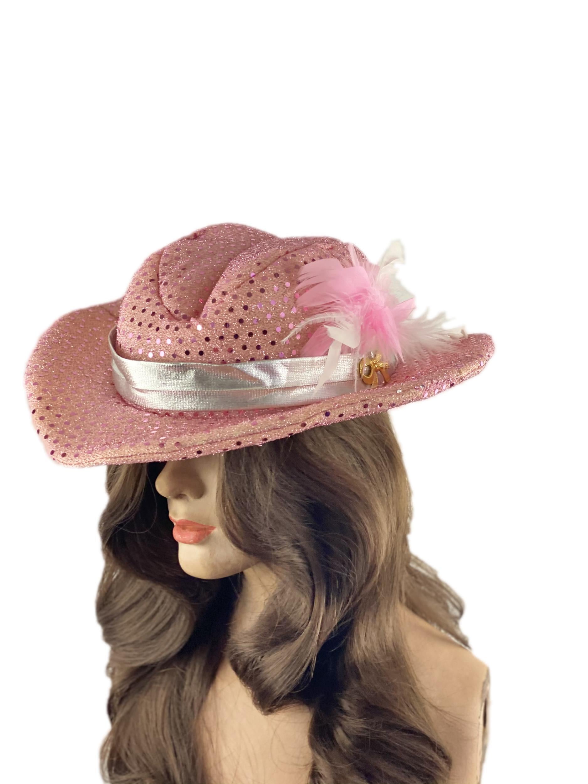 Rhinestone Pink Sequin Cowgirl Gal Feather Girl Dress Up Costume Hat